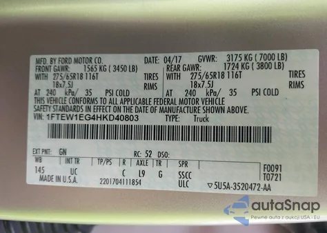 2017 Ford F-150 Xlt z USA, uszkodzony, nr VIN 1FTEW1EG4HKD40803